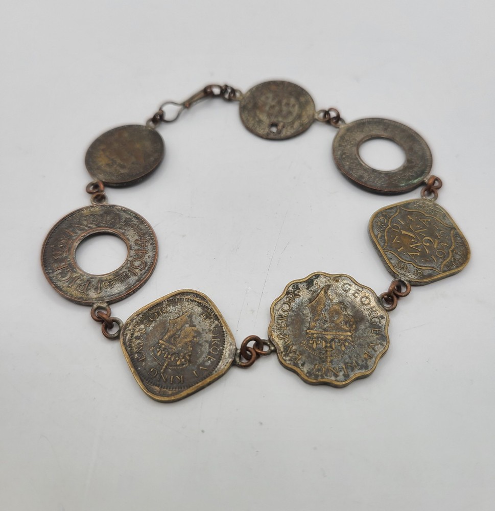 Vintage 1943 India Anna Assorted Coins Link Bracelet 8″ Handmade Hook Clasp