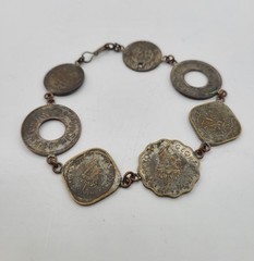 Vintage 1943 India Anna Assorted Coins Link Bracelet 8″ Handmade Hook Clasp