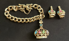 Rare Barclay Rhinestone Charm Bracelet Earrings Crown King Queen Costume Jewelry