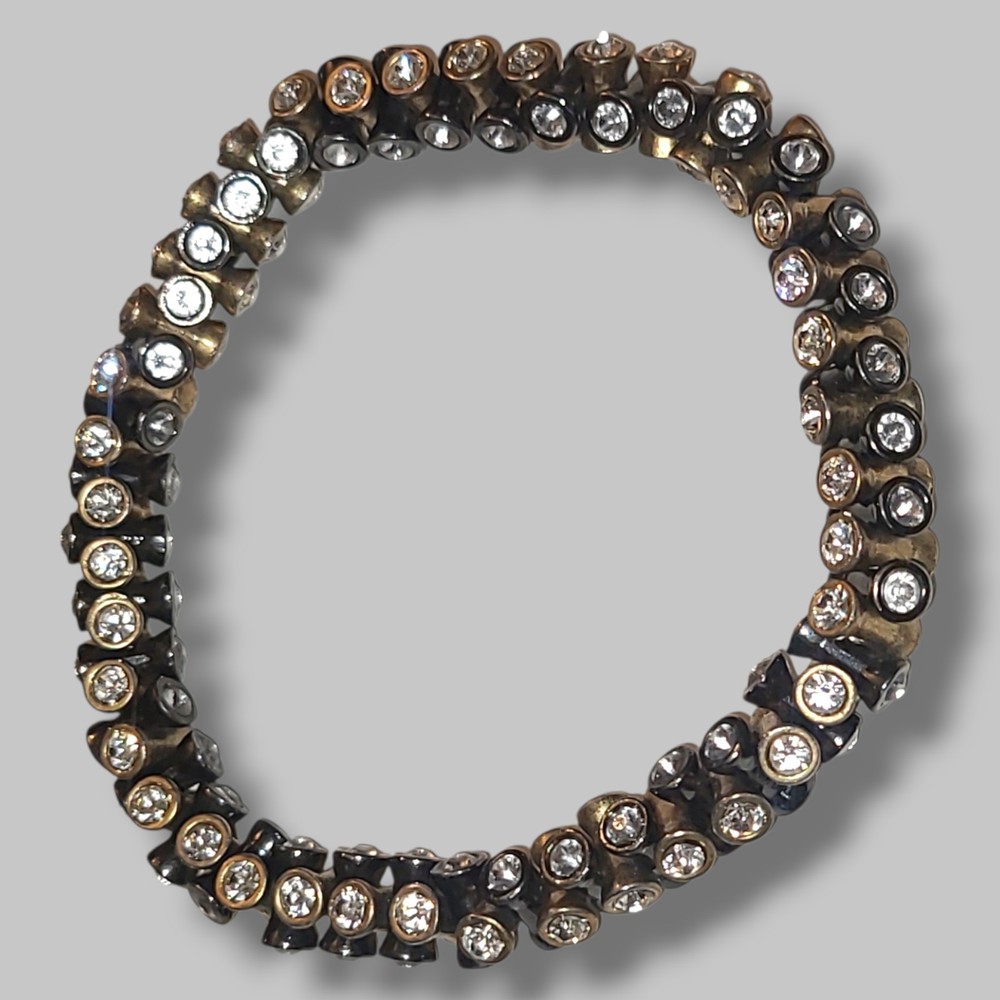 Two Tone Rhinestone Stretch Bracelet Gold Silver Tone Heavy Chunky Vintage