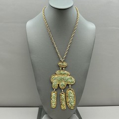 Necklace Women Gold Tone Green Jade Nugget Brutalist Pendant Vintage 24 Inch