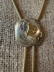 Vintage Silver Bolo Slide Necklace Gold Snake Chain Lariat Rodeo Western Rider