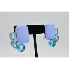 Vintage Cabochon Clip On Earrings Multi Blue Rhinestone Crystal Bezel 1980s W5