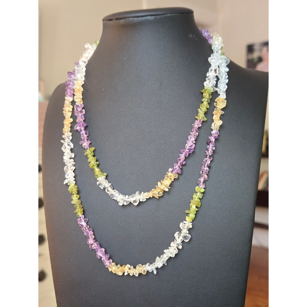 Citrine Peridot Amethyst Semi-Precious Gemstone Bead Necklace Vintage 32in