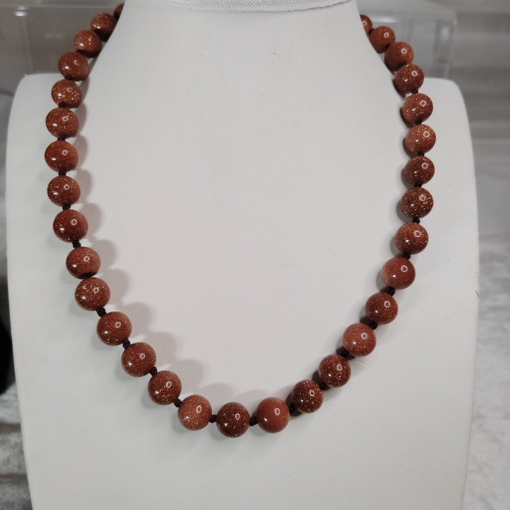 Vtg Goldstone 10mm beaded hand-knotted Necklace Stainless Steel Extender