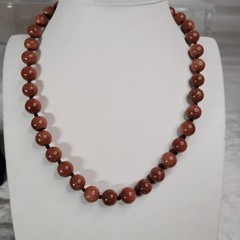 Vtg Goldstone 10mm beaded hand-knotted Necklace Stainless Steel Extender