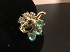 Screw Back Earrings Teal & Crystal Rhinestone Prong Rhodium Plated Vintage