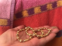 Vint.Textured Metal 2 Size Beads Necklace-Hung On Metal Chain, Push Release Open