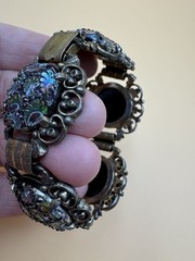 Vtg Judy Lee Peacock Carnival Art Glass Panel Bracelet Renaissance Revival