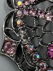 Vintage Pink Black Rhinestone Filigree Brooch Silver Tone Gothic Mandala READ