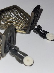 Vintage Art Deco Style Bronze Tone Clear Rhinestone Dangle Drop Clip-On Earrings