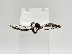 Vintage Sterling Silver Garnet Marcasite Bohemian Ribbon Heart Bar Brooch Pin