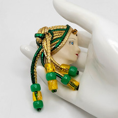 Lady Face Hand Painted Resin Braided Bead Long Hair Art Deco Revival Brooch Pin