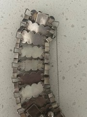 Vintage Silver Mexican Modernist Caviar Link Bracelet W/Small Cabochon Turq Ston