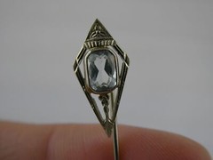 Antique Belais Art Deco 18k and 10k Gold Aquamarine Stick Pin 1.2g 2 5/8 Inches