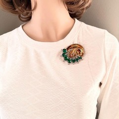 HTF Signed 1940s McClelland Barclay Gold-Tone Green & Clear Rhinestone Pin