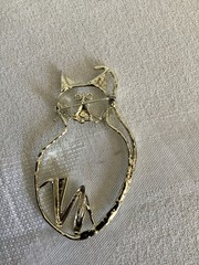 Silver Tone Cat Open Brooch Pin 3 1/2” tall