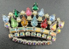 Vintage signed B. David Crown Brooch Multicolor Pear Cut