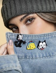 New SET OF 3 FELIX THE CAT Pins MAGIC BAG OF TRIX Brooch BLACK CAT Pin CARTOON