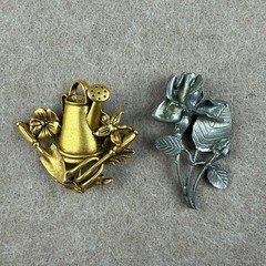Vintage Brooch Pin Lot OMC Signed Gold Watering Can & Silver Rose 80s 90s