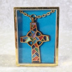 1969 Israel Terra Sancta Guild Brass Multicolor Enamel Cross 28 in Pend Necklace
