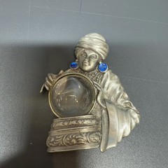 JONETTE JEWELRY JJ Pewter Fortune Teller Brooch Pin Crystal Ball Vintage