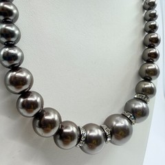 VTG Gunmetal Gray Faux Pearl Graduated Statement Necklace Rhinestone Rondelle
