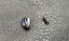Vintage GAL Blue Enamel Sterling Silver Shield Crest Safety Pin Brooch Chain