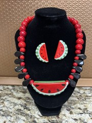 Flying Colors Ceramic Watermelon Necklace 1980s Funky Summer Jewelry Small Flaw