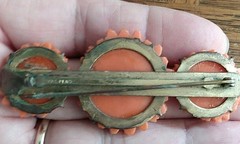 Antique Red / Orange Coral Color Czech Glass Pin / brooch carved chrysanthemum
