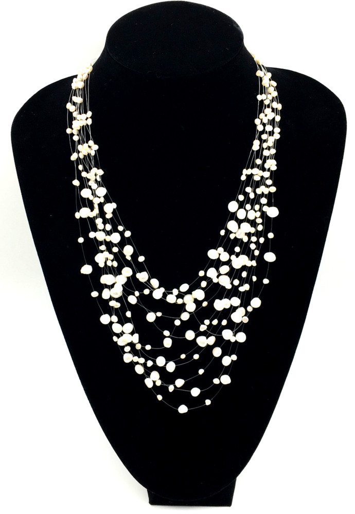 Floating Fresh Water White Pearls 3+ Strands ST Rhinestone Clasp 17″ Neckace