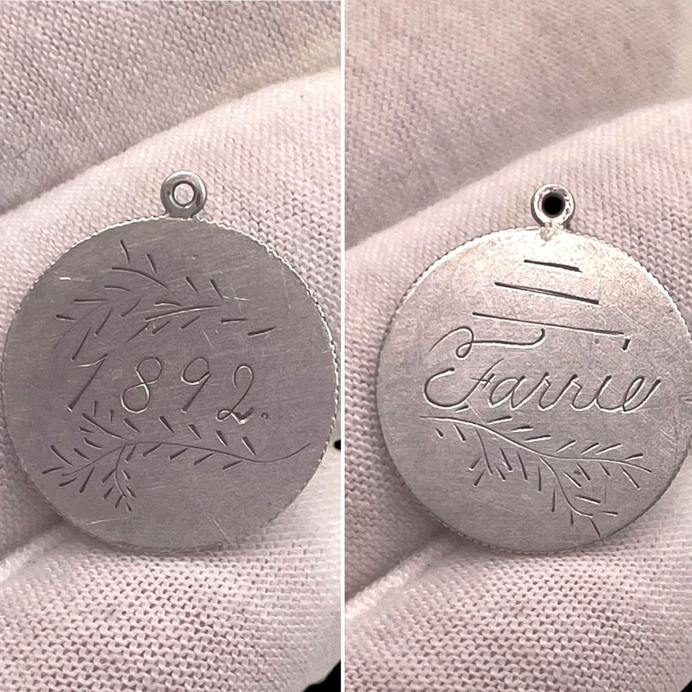 Antique Estate 925 Sterling Etched Engraved 1892 ~ Farrie Charm Pendant, .75″