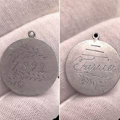 Antique Estate 925 Sterling Etched Engraved 1892 ~ Farrie Charm Pendant, .75″