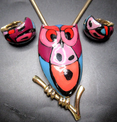 EISENBERG Vibrant Enamel Owl Vintage Necklace Earring Set