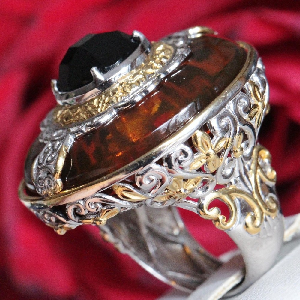 925 multi tone sterling silver ring 3.00ct plastic simulated amber sz 5.5 15.2g