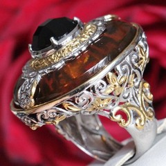 925 multi tone sterling silver ring 3.00ct plastic simulated amber sz 5.5 15.2g