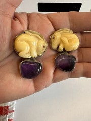 Rebecca Collins Sterling Silver Bunny Rabbit Clip-On Bone Amethyst Earrings