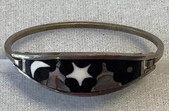 Vintage Silver Tone Alpaca Mexico Enamel & Abalone Night Scene Cuff Bracelet