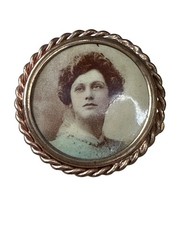 Antique Hand Colored Photo Portrait Brooch Edwardian Brass Pin c.1900–1920
