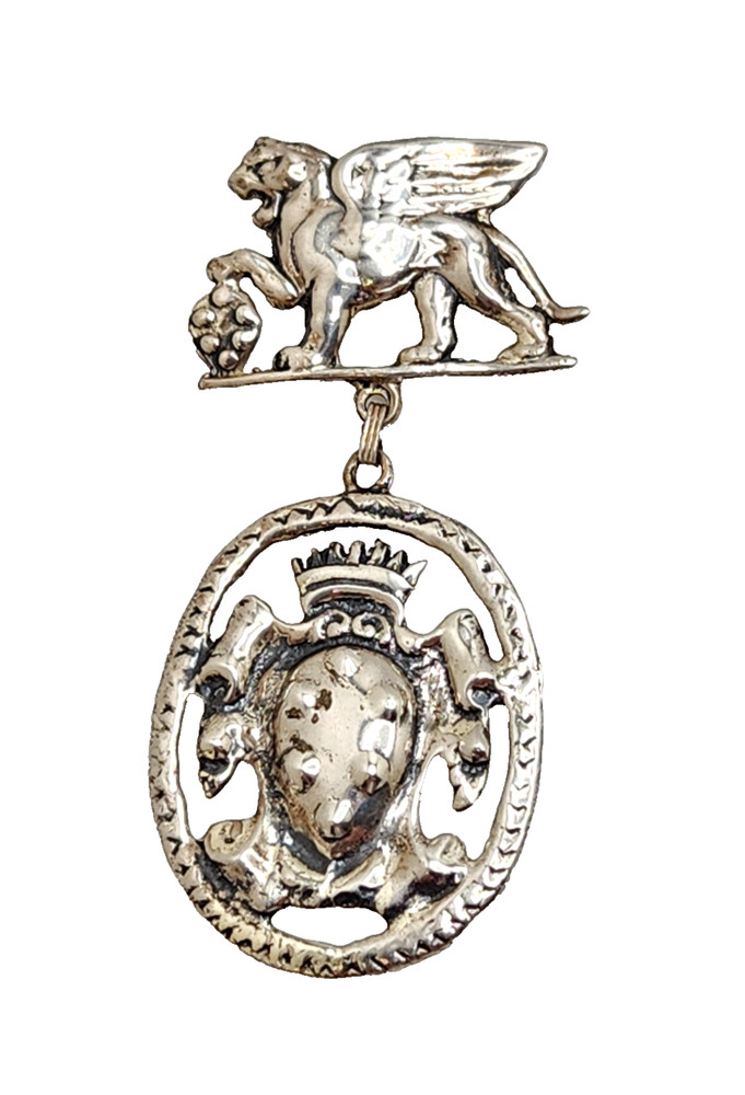Vintage Sterling Silver Winged Lion with Hanging Crest Brooch, 3 1/8″ Tall
