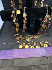 Red Orange Copper Gold Dangle Bib Necklace Bracelet Belt Vintage U Design Jewel