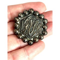Antique Middle Eastern Pin – Arabic Calligraphy Style Hexagon Brooch Beaded Edge