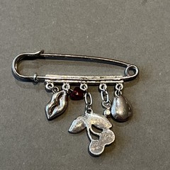 Vtg Lucky Charm Safety Pin Brooch Lips Heart Cherries Ladybug Nature Love & Luck