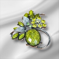 Vintage Style Lime Green Floral Brooch Silver Tone Rhinestone Botanical Pin