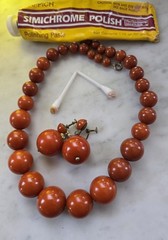 Antique BAKELITE NECKLACE Tapered Beads w RARE MATCHING EARINGS 3 pc Red Orange