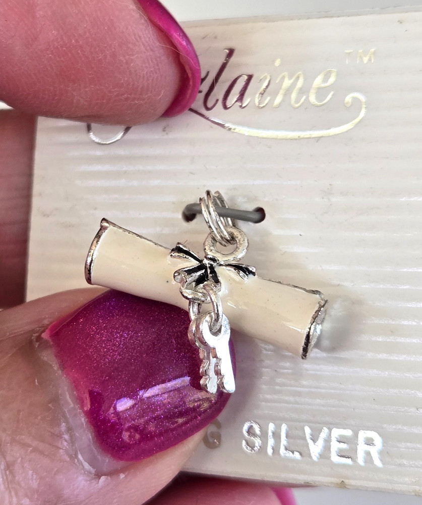 Vintage Jezlaine Sterling Enamel Graduation Diploma Keys Charm in Card 3/4″ 2gr