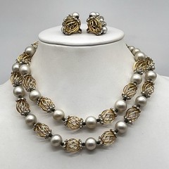 Vintage Vendome Jewelry Set Faux Pearl Gold Tone Cage RARE Signed