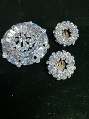 Vintage WEISS Blue Rhinestone Brooch & Clip Earrings Married Set Signed 1950s