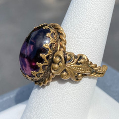 Vintage Ring Czech Glass Purple Cabochon Twisted Brass Adjustable Filigree Bezel