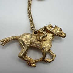 Vintage Edlee Gold Tone Heavy Metal Jockey And Horse Rhinestone Eyes Keychain